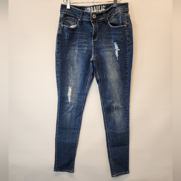 Hydraulic Distressed Skinny Jeans Blue Embellished Pockets Size 7 / 8 - Picture 3 of 11